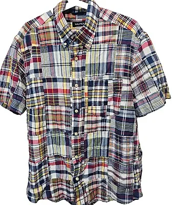 Nautica Shirt Mens Medium M  Madras Plaid Short Sleeve Patchwork Vintage • $22.95