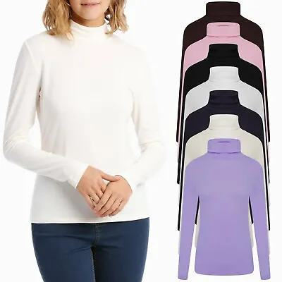 Womens Ladies Long Sleeve Roll Neck T Shirt High Polo Ribbed Knitted Jumper Tops • £7.98