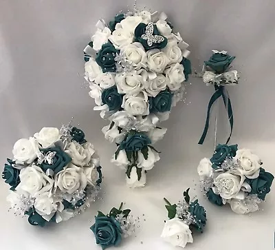 £9 • Buy Wedding Flowers Ivory Rose Teal Posy Bouquet Bride, Bridesmaid, Flower-Girl Wand