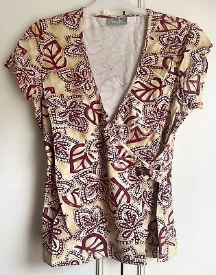 Wallis Beige Maroon & Cream Summer Wrap Top Size 12 • £6.99