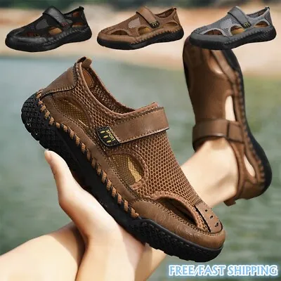 Summer Mens Leather Sandals Casual Beach Shoes Closed Toe Walking Hiking Shoes • £26.99