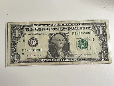 DOUBLE Mini Repeater (F 64584584 F) Fancy Serial Number One Dollar Bill 2013 • $4.99