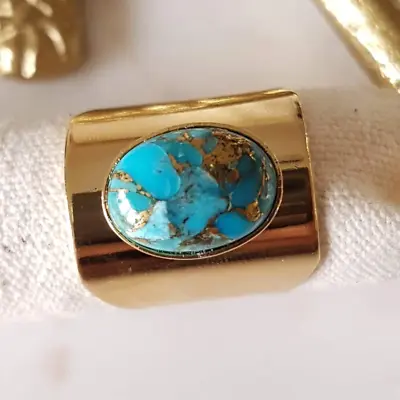 Turquoise Ring 24K Gold Plated Crystals Gemstones Oval Blue Large Band Healing • £40.50