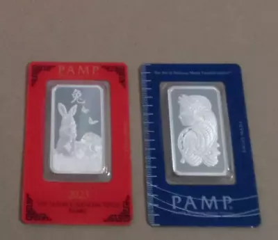 $61 • Buy 2 Lot .999 Fine Pamp Silver Bars 1 Oz Each Suisse Lady Fortuna 2023 Lunar Rabbit