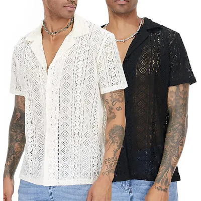 Mens Casual Floral Lace Short Sleeve Shirt See-Through Mesh Collared Top Party • £6.86