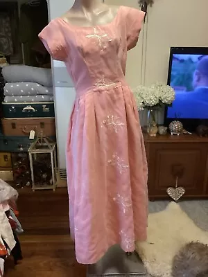 Genuine Vintage 60’s  Evening Dress Ball Gown Pink Embroidered Fabric 12-14 • $98
