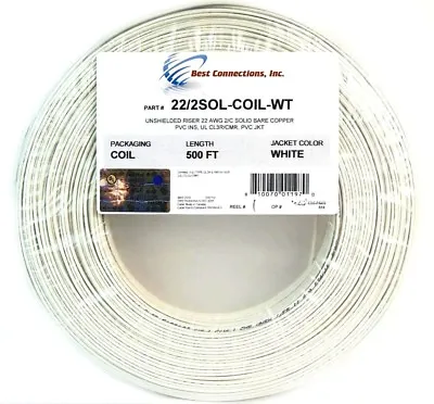 22 Gauge 2 Conductor 500' FT Solid Copper White Alarm Wire UL Listed Low Voltage • $39.95