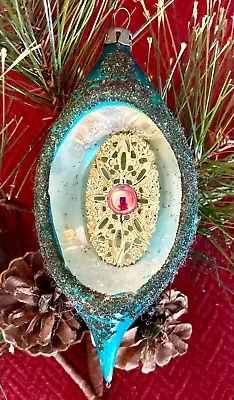 VTG Unique 3D Indent Glass Teardrop Xmas Ornament Black Glitter Snowflake Design • $13.95