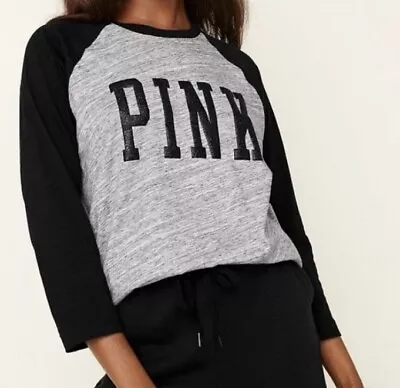 Victorias Secret PINK Cotton Gray Black Glitter Logo Baseball T-Shirt Medium • $13.20