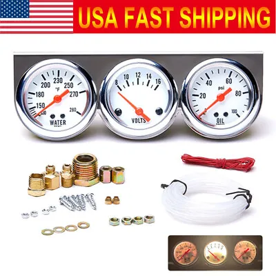 52mm 2  Chrome Car Triple Gauge Set Kit 3in1 Water Temp Oil Pressure Volt Meter • $23.95