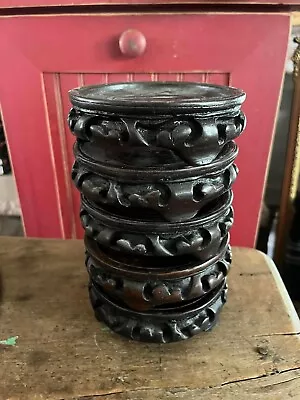 Chinese CARVED WOOD DISPLAY LAMP VASE TABLE STAND 5x2 Set Of 5 • $36