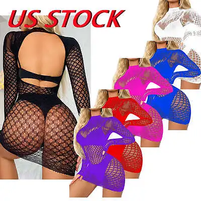 US Women Fishnet Sheer Mesh Bodycon Dress See-Through Long Sleeve Dresses Cutout • $7.27