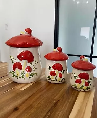 Vintage 70’s Red Merry Mushroom Style 3 Piece Canister Set With Lids • $60
