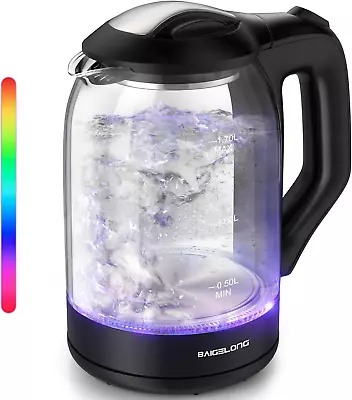 BAIGELONG Electric Kettle1.7L Cordless Glass Kettle With 7 Color LEDFast Boil • £41.56