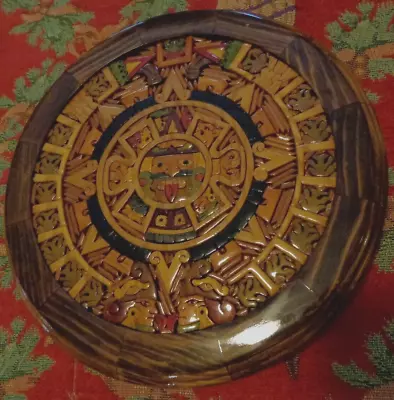 Vtg Artesanal Mayan Aztec Calendar Mexico Inlaid Mosaic Round Wood Wall Art 10  • $29