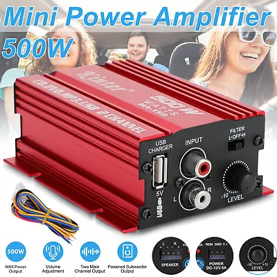 500W 12V 2 Channel Powerful Stereo Audio Power Amplifier HiFi Bass Amp Car Home • $18.98