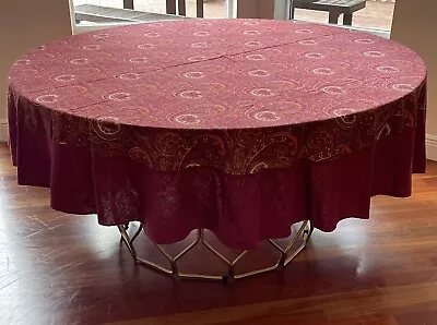 VINTAGE 90” Round Linen Cotton Paisley Tablecloth Burgundy Orange • $48