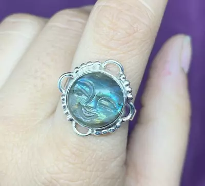 Natural Moon Face Labradorite Ring 925 Sterling Silver Face Carved Gemstone Ring • $27.54