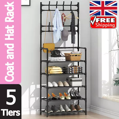 8 Hooks Clothes Coat And Hat Display Stand Shelf Hanger 5 Tier Metal Shoe Rack • £13.99