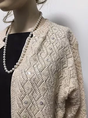 VTG SPARKLY 60’s IRIDESCENT SEQUIN BEAD CARDIGAN SWEATER-  Hong Kong • $14.95