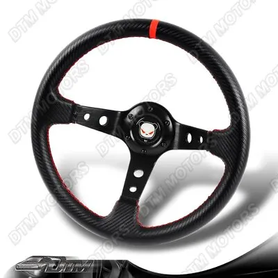 350MM Deep Dish Drift Style Red Stitch Carbon PVC Leather 6 Hole Steering Wheel • $42.99