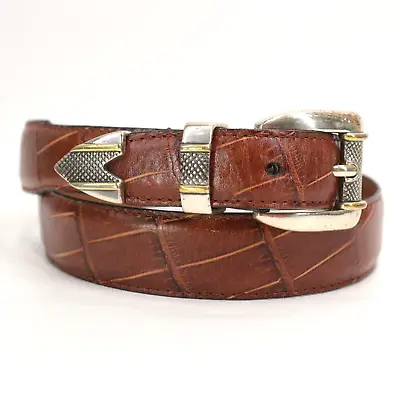 Vintage Western Dress Belt Men 34 Brown Croc Embossed Leather Silver Tone Buckle • $24.95