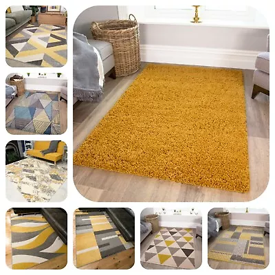 Modern Ochre Mustard Rug For Living Room Soft Warm Yellow & Grey Geometric Rugs  • £19.95