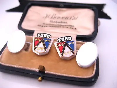 Antique Art Deco Era FORD MOTOR CO Rhodium Plated Enamel Badge Emblem Cufflinks • $275