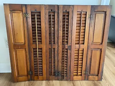 Vtg Pair Rustic Wood Louver Window Shutters Salvage Wooden Trifold 33 H X 41 W • $149.99