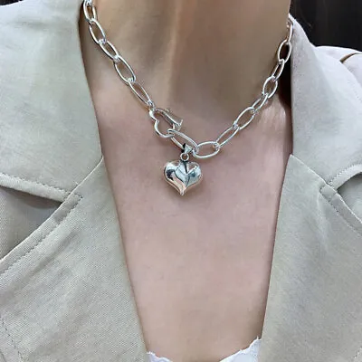 925 Sterling Silver Thick Chain Vintage Creative Love Heart Pendant Necklace New • $9.98