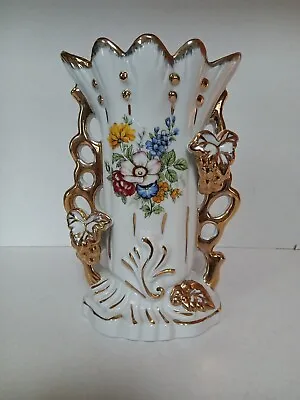 Antique Vieux Paris Porcelain Fan Flair Bridal Vase Hand Painted Flowers 8” Tall • $27.99