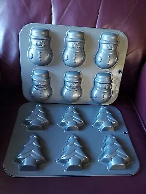 Lot Of 2 Nonstick Christmas Mini Cake Pans~snowman & Trees~6 Per Pan • $10.99