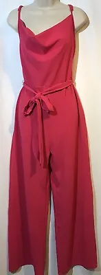 New Lipsy Size 16 Pink Cowl Neck Wide Leg Belted Strappy Cross Back Jumpsuit • £25.99