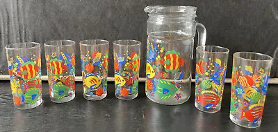 Vintage Lemonade 36oz Pitcher And 8oz 6 Glasses Fish Motif - Made In Italy • $30