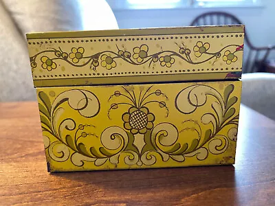 Vintage AVON 70's MOD Retro Yellow Flower Tin Metal Recipe Box  • $5