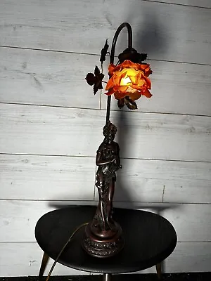 Tall  Vintage Art Deco  Lady Figurine  Table Lamp With Amber Glass  Flower Shade • £65