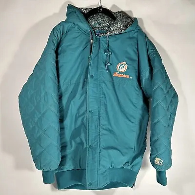 VTG RARE Quilted Retro Miami Dolphins Starter Jacket Hood Patterned Lining Sz L • $45.60