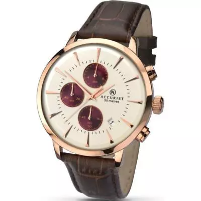 ACCURIST 7034 Gents Chrono Rose Tone Steel Case Leather Strap 2 Year Warranty • £39.99