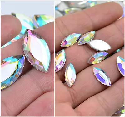 50X Horse Eye Gem AB Crystal Flat Back Iridescent Acrylic Rhinestone Drop Clear • £3.99