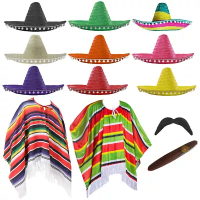 Mexican Fancy Dress Costume Poncho Sombrero Wild Western Bandit Mens Fancy Dress • £18.99