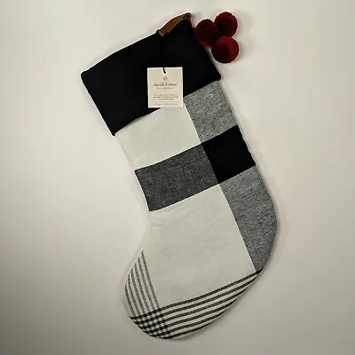 Hearth & Hand Magnolia Buffalo Plaid Holiday Stocking  Black White Plaid Red Pom • $13.49