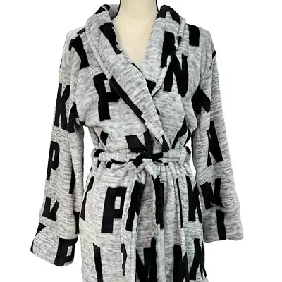 PINK Victorias Secret Robe XS/S COZY SHORT Plush Bath Logo Gray NEW • $25