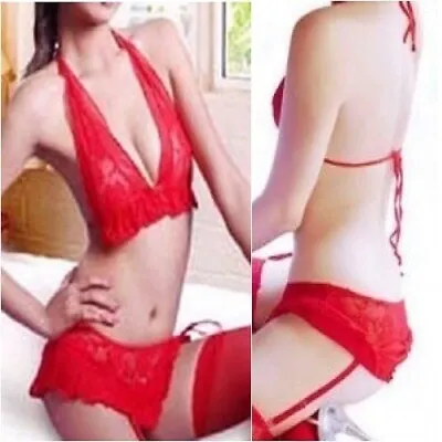 £2.99 • Buy 💖 Womens Lingerie Underwear Sleepwear Red Lace Bra & Suspender Skirt Set 8/10
