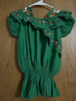 Mexican Embroidered Floral Blouse Green Size S • $26.99