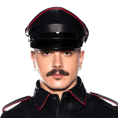 Genuine Leather Military Peaked Black Cap Leather Army Hat Bdsm Gay Str8 Fetish • £59.95