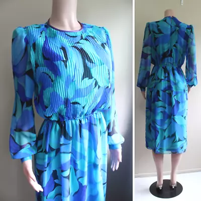 M Lisa Michaels Vintage 80s Blue Modest Secretary Dress Poly Chiffon Long Sleeve • $19.20