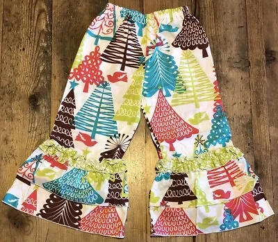 LOLLY WOLLY DOODLE Size 4 Girls Wide Leg Ruffle CHRISTMAS TREE HOLIDAY Pants EUC • £8.11