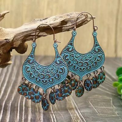 Turquoise Vintage Gold Hip-Hop Retro Leaf Alloy Native Drop Earrings Boho Ethnic • $17.95