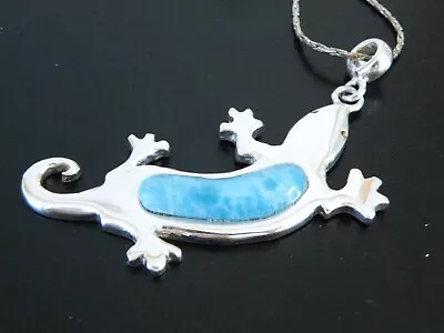 Heavy Sterling Silver 925 HUGE Lizard Gecko Larimar Pendant Necklace • $79