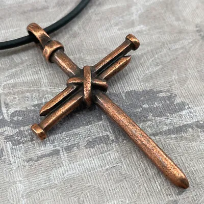 Nail Cross Antique Copper Metal Finish (lc88c) Black Cord Necklace • $15.99